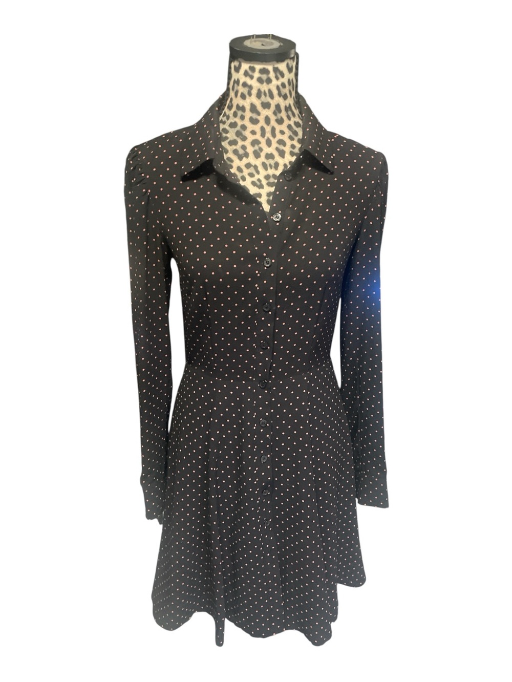 H&M Black Long-Sleeve Button-Up Polka Dot Dress